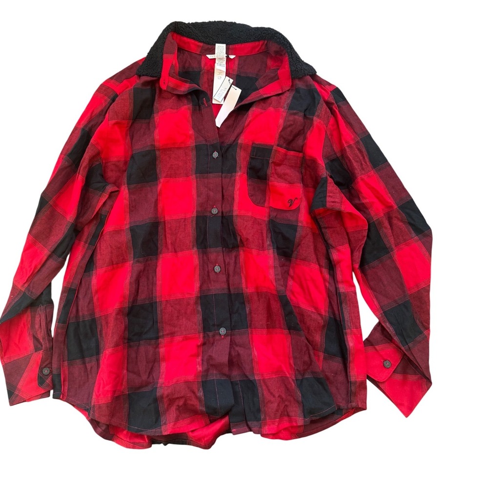 Victorias Secret Plaid Sherpa Lined Flannel Shirt Size L Red Black‎ Cozy NWT